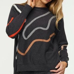 Women's Charcoal Crew Neck Sweater with Abstract Multicolor Stripes